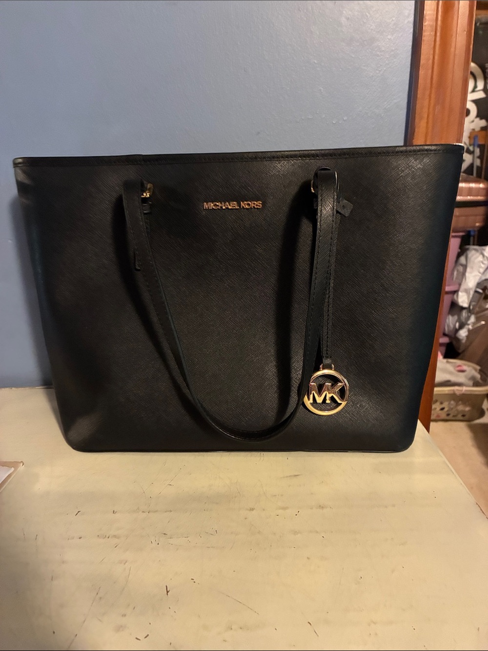 Michael Kors Black Saffiano Tote with Gold MK Charm
